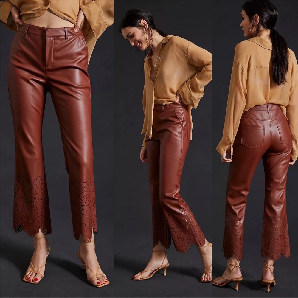 Anthropologie Size 2 Brown Neutral Laser-Cut Faux Leather Trousers $170